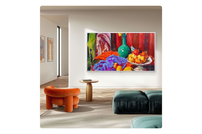 LG Gallery TV AI with frame LX7 ART TV is wall-mounted in the living room with a Snow White Attachable Frame. On the screen is a still-life painting that makes the room look like a gallery.